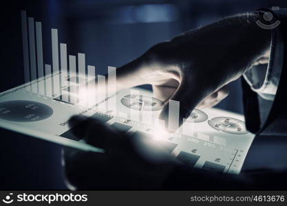 Virtual technologies. Close up of human hands using virtual panel