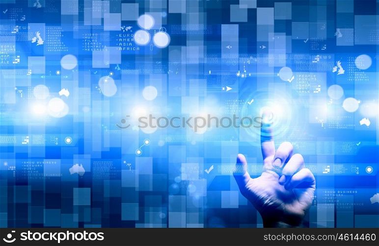 Virtual technologies. Close up of human hands using virtual panel