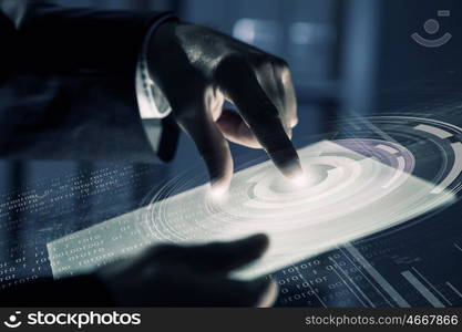 Virtual technologies. Close up of human hands using virtual panel