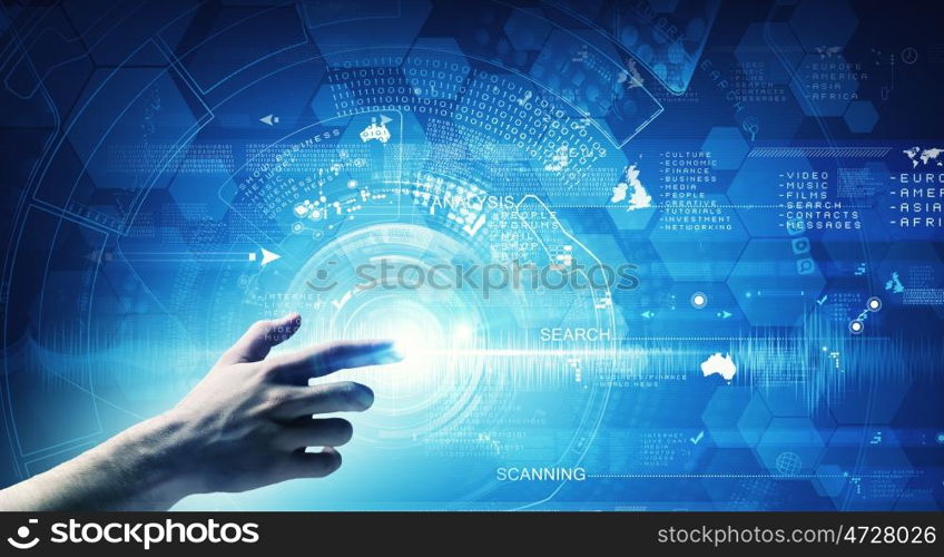 Virtual technologies. Close up of human hands using virtual panel