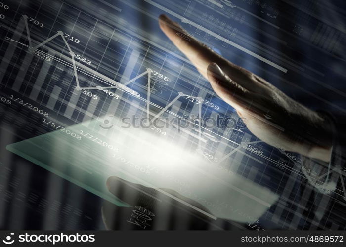 Virtual technologies. Close up of human hands using virtual panel