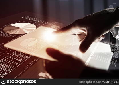 Virtual technologies. Close up of human hands using virtual panel