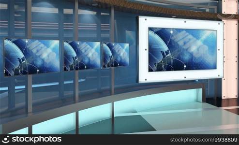 Virtual TV Studio News Set 27. Green screen background. 3d Rendering. Virtual set studio for chroma footage.