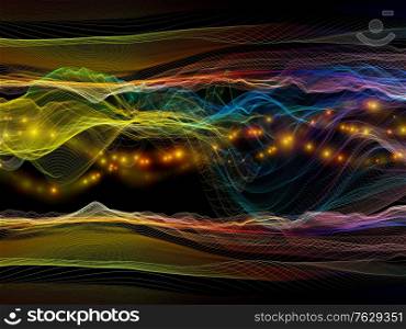Virtual Universe. Virtual Wave series. Arrangement of horizontal sine waves and light particles on the subject of data transfer, virtual, artificial, mathematical reality.