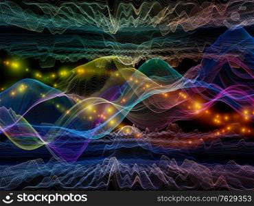 Virtual Universe. Virtual Wave series. Arrangement of horizontal sine waves and light particles on the subject of data transfer, virtual, artificial, mathematical reality.