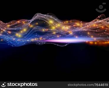 Virtual Universe. Virtual Wave series. Backdrop design of horizontal sine waves and light particles for works on data transfer, virtual, artificial, mathematical reality.