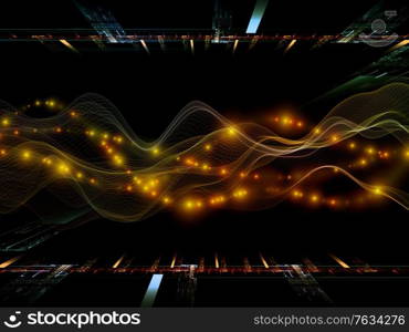 Virtual Universe. Virtual Wave series. Background design of horizontal sine waves and light particles on the subject of data transfer, virtual, artificial, mathematical reality.
