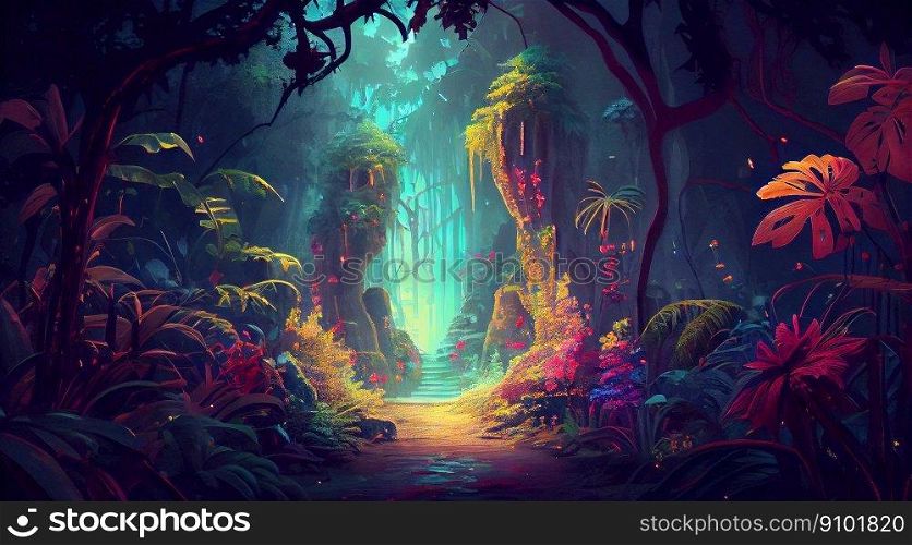 Virtual vibrant jungle forest. Neon-colored fairy river. Generative AI.. Virtual vibrant jungle forest. Neon-colored fairy river. Generative AI