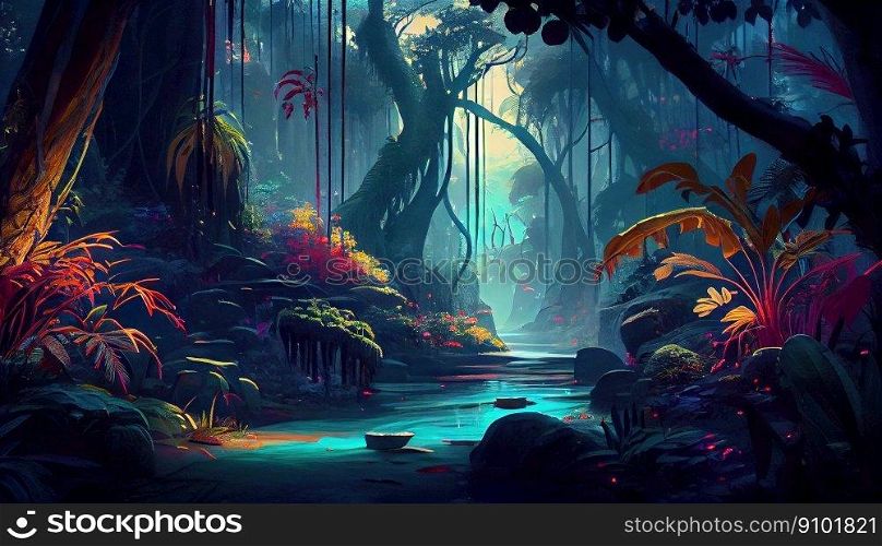 Virtual vibrant jungle forest. Neon-colored fairy river. Generative AI.. Virtual vibrant jungle forest. Neon-colored fairy river. Generative AI