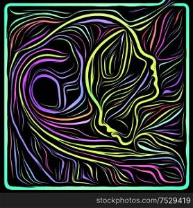 Virtual Woodcut. Life Lines series. Interplay of human profile and woodcut pattern related to human drama, poetry and inner symbols