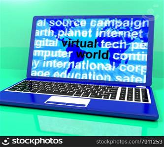 Virtual World Words On Laptop Showing Global Internet. Virtual World Words On Laptop Shows Global Internet