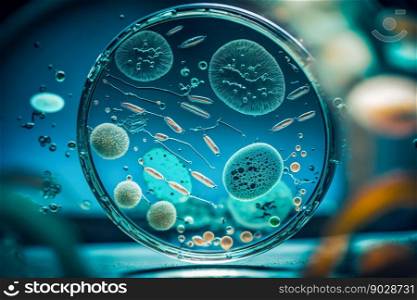 Virus and bacteria macro in Petri dish. Generative AI. High quality illustration. Virus and bacteria macro in Petri dish. Generative AI