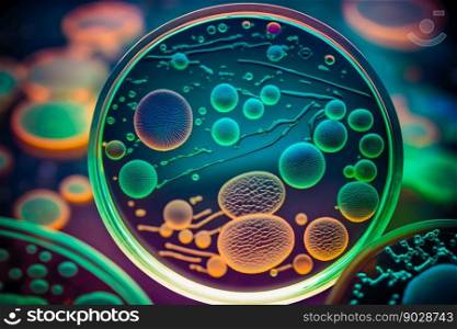 Virus and bacteria macro in Petri dish. Generative AI. High quality illustration. Virus and bacteria macro in Petri dish. Generative AI
