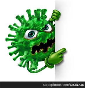 virus cartoon character blank sign as a green disease monster as a health medicine or medical pathology symbol as a pathogen on a white background as a 3D illustration.