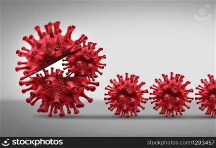 Virus disease spreading and pandemic illness outbreak and coronavirus growth and coronaviruses influenza multipliying as dangerous flu strain cases and medical health risk concept with viral cells as a 3D render.