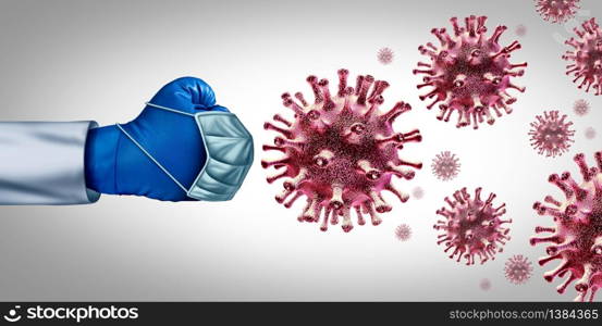 Virus fight for a vaccine and flu or coronavirus medical treatment for a disease as a doctor fighting a group of contagious pathogen cells as a health care metaphor for researching a cure with 3D illustration elements.