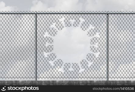 Virus freedom and lockdown escape concept as a chain link fence with a hole shaped as a contagious viral cell as a reopening after a pandemic outbreak or escape quarantine from disease as a 3D render.