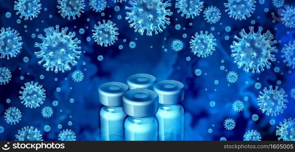 Virus infection vaccine and coronavirus or influenza vaccination background as dangerous flu strain cases as a pandemic medical health risk and cure concept with disease cells and vial as a 3D render.