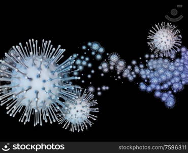 Virus Logic. Viral Epidemic series. 3D Illustration of Coronavirus particles and micro space elements related to virus, epidemic, infection, disease and health