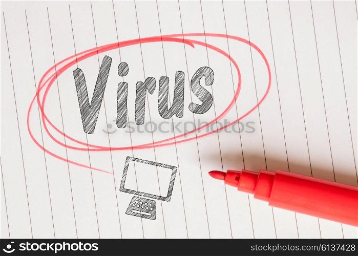 Virus note reminder in a red circle on linear paper