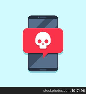 Virus notification on smartphone screen. Alert message, spam attack or phone malware notifications. Smartphones viruses or fraud message, insecure scam alerts email. Internet error vector concept. Virus notification on smartphone screen. Alert message, spam attack or malware notifications. Smartphones viruses vector concept