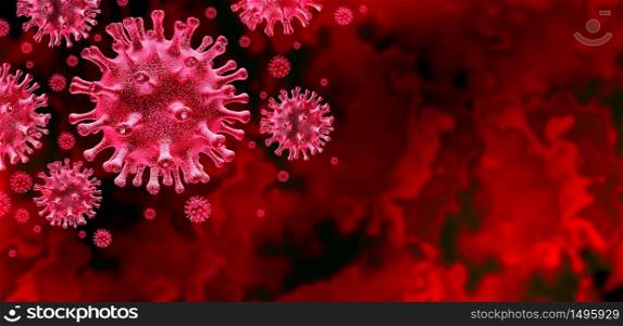 Virus outbreak background and coronavirus influenza as dangerous flu strain cases as a covid-19 pandemic medical health risk concept with disease cells as a 3D render.