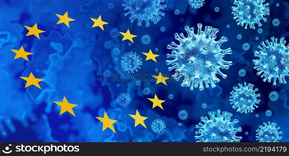 Virus outbreak in Europe and European Union covid-19 or influenza background as dangerous flu strain cases in the EU as a pandemic medical risk concept with disease cells as a 3D illustration.