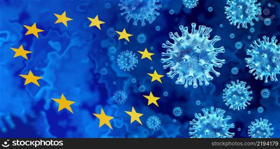 Virus outbreak in Europe and European Union covid-19 or influenza background as dangerous flu strain cases in the EU as a pandemic medical risk concept with disease cells as a 3D illustration.