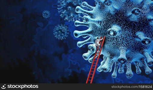 Virus research concept vaccine and flu or coronavirus medical treatment and disease control as a doctor treating pathogen cells as a health care metaphor for researching a cure with 3D illustration elements.