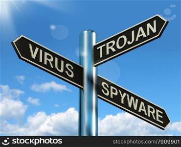 Virus Trojan Spyware Signpost Showing Internet Or Computer Threats. Virus Trojan Spyware Signpost Shows Internet Or Computer Threats
