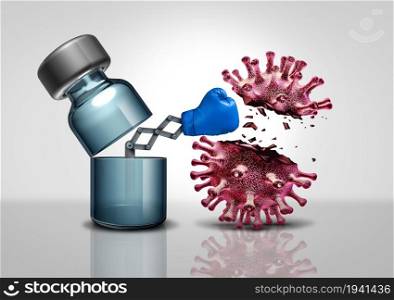 Virus vaccination concept and vaccine for flu or coronavirus medical fight disease control as a vial bottle of medicine fighting a contagious pathogen cell as a health care metaphor for illness prevention with 3D illustration elements.