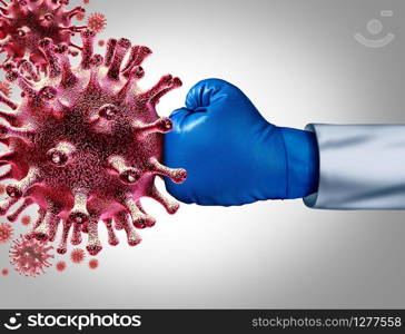 Virus vaccine and flu or coronavirus medical fight disease control as a doctor fighting a group of contagious pathogen cells as a health care metaphor for researching a cure with 3D illustration elements.