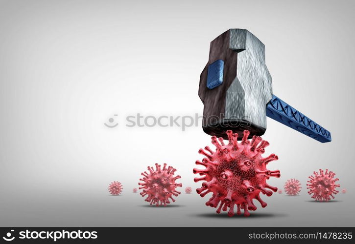 Virus vaccine and flu or coronavirus medical fight disease control as a doctor fighting a group of contagious pathogen cells as health care for researching a cure with 3D illustration elements.