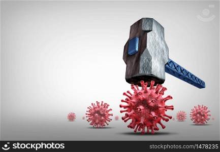 Virus vaccine and flu or coronavirus medical fight disease control as a doctor fighting a group of contagious pathogen cells as health care for researching a cure with 3D illustration elements.