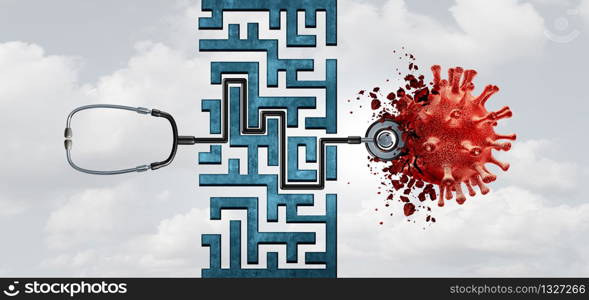 Virus vaccine and flu or coronavirus medical fight disease control as medicine fighting a contagious pathogen cell as a health care metaphor for researching a cure with 3D illustration.