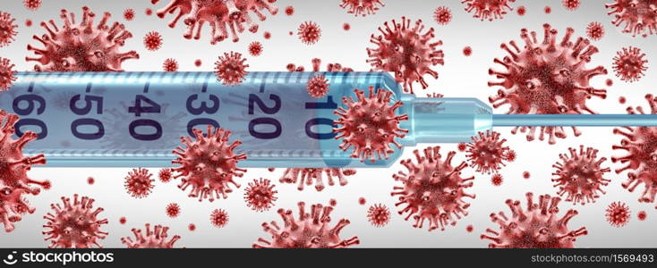 Virus vaccine and flu or coronavirus medical therapy disease control as a syringe vaccination and a group of contagious pathogen cells as a health care metaphor for researching a cure with 3D illustration.
