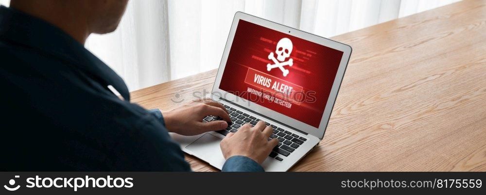 Virus warning alert on computer screen detected modish cyber threat , hacker, computer virus and malware. Virus warning alert on computer screen detected modish cyber threat