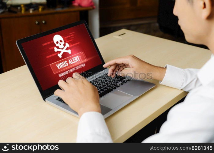 Virus warning alert on computer screen detected modish cyber threat , hacker, computer virus and malware. Virus warning alert on computer screen detected modish cyber threat