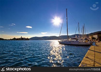 Vis island yachts and church view, sailing destination in Dalmatia, Croatia