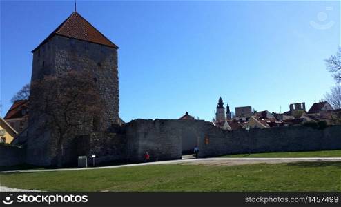 Visby, Sweden, May 5, 2019. A glimpse of the exterior of the walls of the old town of Visby in Gotland in Sweden. A glimpse of the exterior of the walls of the old town of Visby in Gotland in Sweden