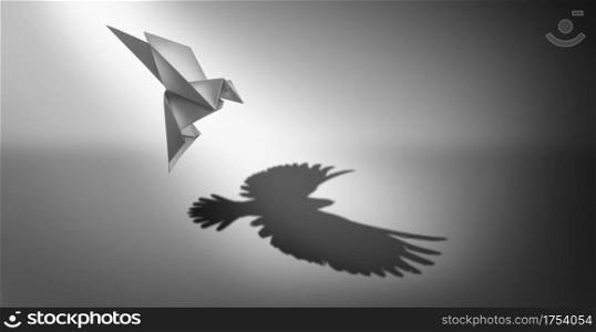 Vision and ambition as a business symbol for leadership power and success metaphor for growth as an origami paper bird casting a shadow of powerful real wings in a 3D illustration style.