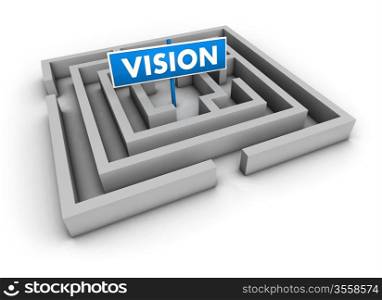 Vision concept with labyrinth and blue goal sign on white background.