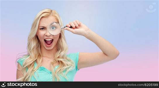 vision, exploration, investigation, education and people concept - happy smiling young woman or teenage girl looking through magnifying glass over rose quartz and serenity gradient background