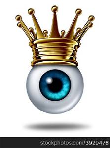 Vision leadership business concept symbol and best leader in security monitoring as a human eyeball wearing a gold crown on a white background as an icon of innovation success.
