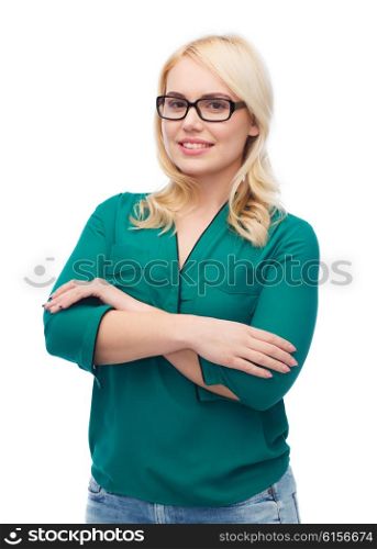 vision, optics, education and people concept - smiling young woman with eyeglasses