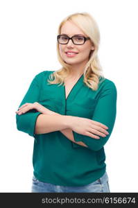 vision, optics, education and people concept - smiling young woman with eyeglasses