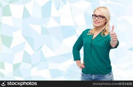 vision, optics, education, gesture and people concept - smiling young woman with eyeglasses showing thumbs up over blue background