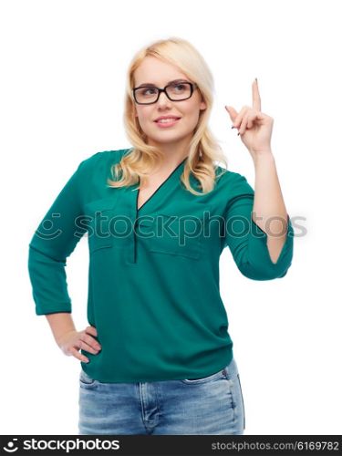 vision, optics, education, gesture and people concept - smiling young woman with eyeglasses pointing finger up