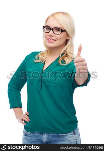 vision, optics, education, gesture and people concept - smiling young woman with eyeglasses showing thumbs up
