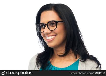 vision, portrait and people concept - happy smiling young indian woman in glasses. happy smiling young indian woman in glasses